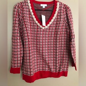 NWT  CHARTER CLUB Red & Blue Sweater w/ Pearl Embellishment   Size M  $80